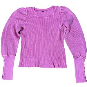 FP One Free People Wesley Thermal Top Waffle Button Cuff Puff Sleeve Pink Sz L